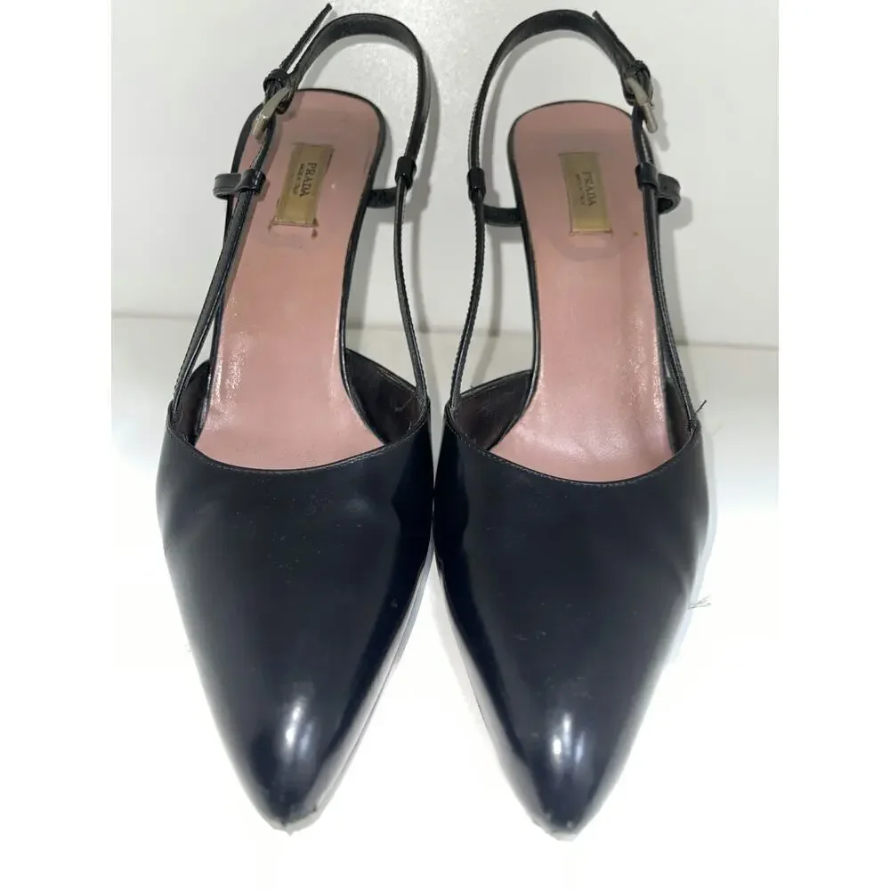 Prada Black Leather Pointed Toe Slingback Heels